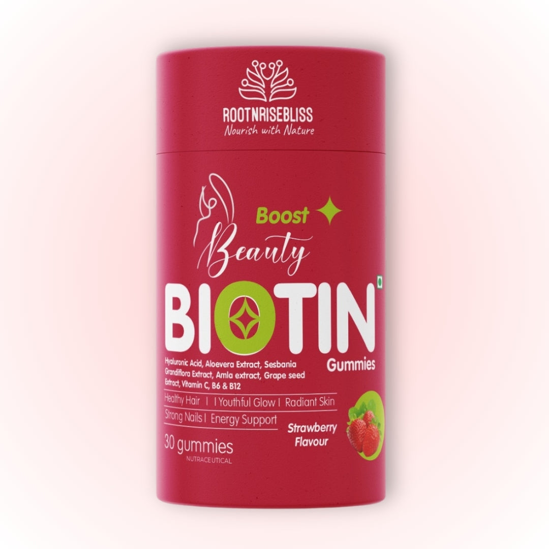 Beauty Biotin Gummies – Strawberry Flavour | With Hyaluronic Acid, Aloe Vera, Amla, Grape Seed & Vitamins C, B6, B12 | For Hair Growth, Glowing Skin & Strong Nails | 30 Vegetarian Gummies