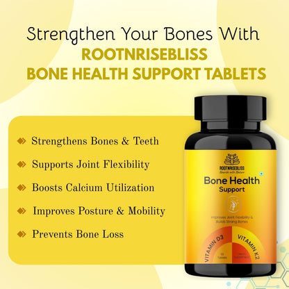 ROOTNRISEBLISS Bone Health Support Tablets – 60 Tablets | With Vitamin K2 MK7 & Vitamin D3 | Supports Strong Bones, Calcium Absorption & Joint Strength | Daily Bone & Immunity Supplement