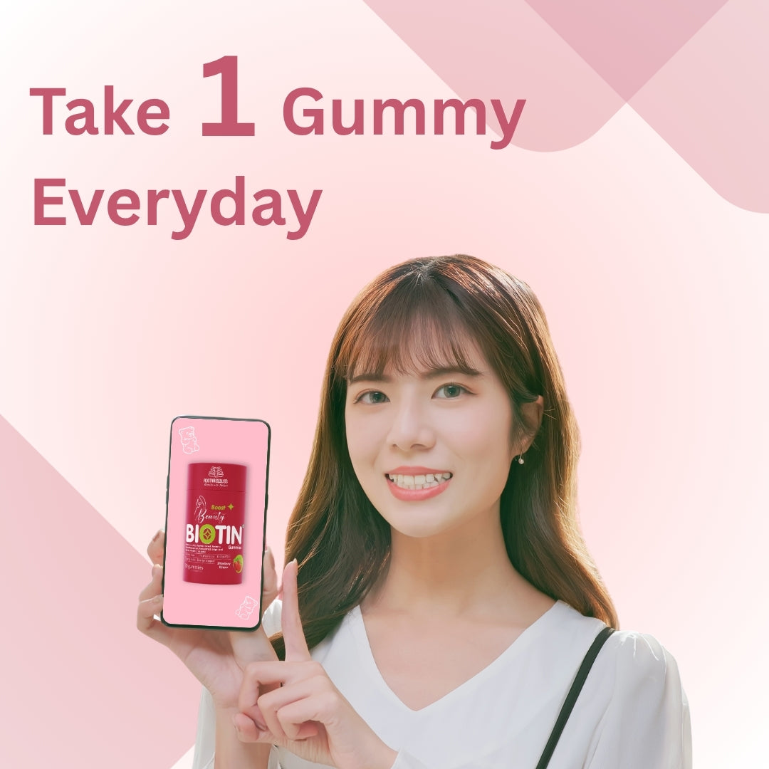 Beauty Biotin Gummies – Strawberry Flavour | With Hyaluronic Acid, Aloe Vera, Amla, Grape Seed & Vitamins C, B6, B12 | For Hair Growth, Glowing Skin & Strong Nails | 30 Vegetarian Gummies