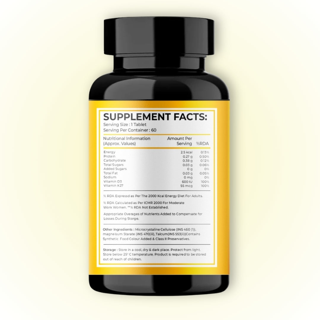 ROOTNRISEBLISS Bone Health Support Tablets – 60 Tablets | With Vitamin K2 MK7 & Vitamin D3 | Supports Strong Bones, Calcium Absorption & Joint Strength | Daily Bone & Immunity Supplement